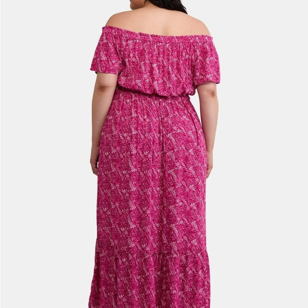 Terra & Sky Women's Off Shoulder Batik Geometric Pink Maxi Dress Size 0X 14W NWT